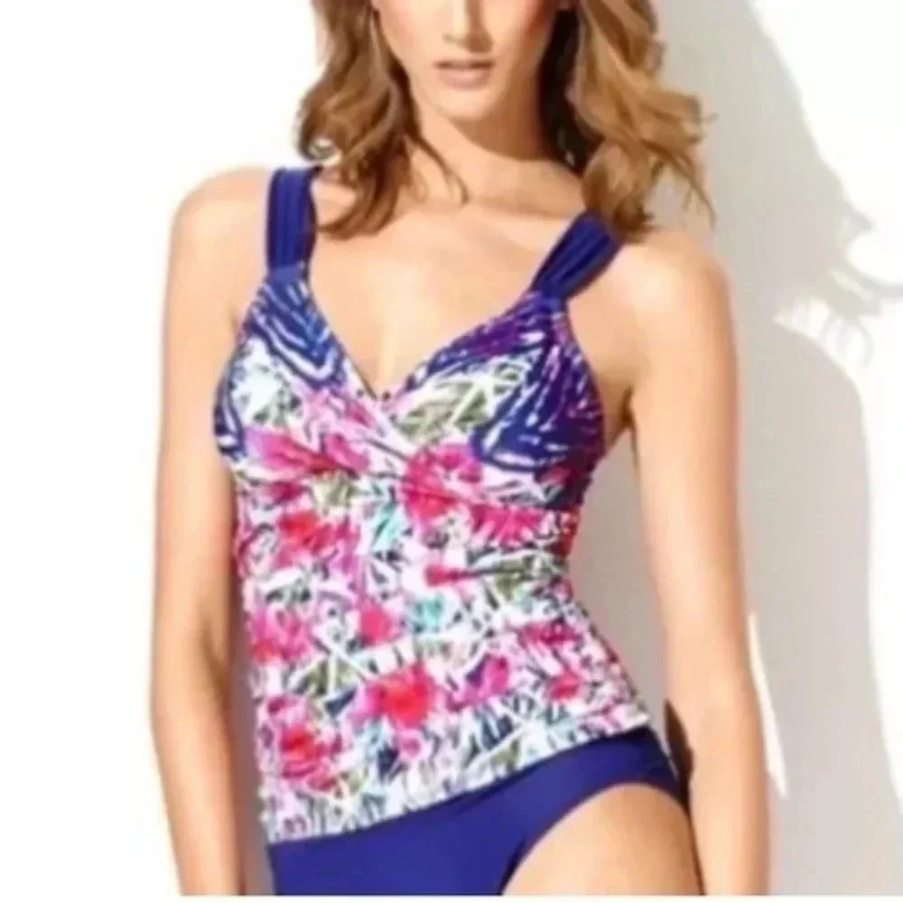 Badgley Mischka Nadia Tankini Swim Top Tropical Floral Size 12